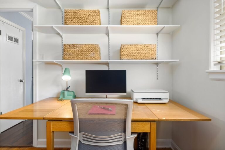 small apartment storage ideas on a budget with open shelves and woven baskets