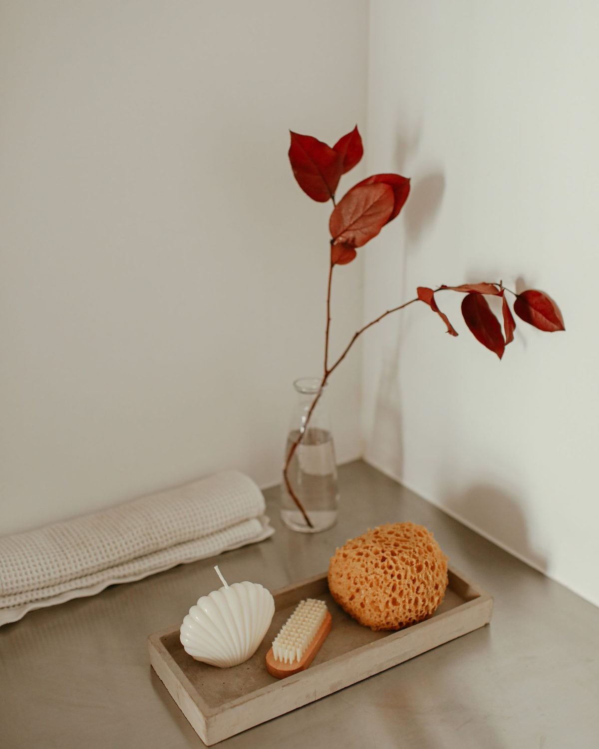 sponge and scrub brush on a wooden tray on a kitchen counter